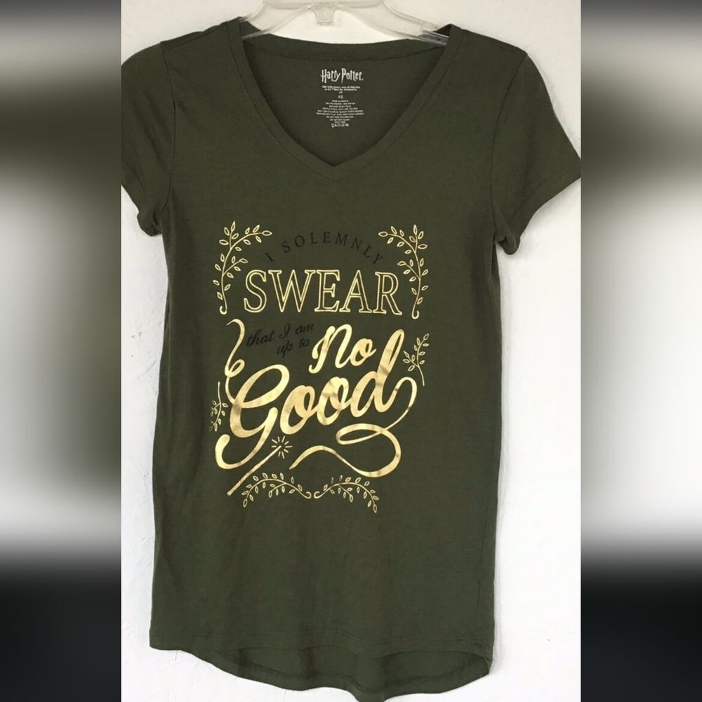 NWT HARRY POTTER T-Shirt Olive with Metallic Gold lettering size Large